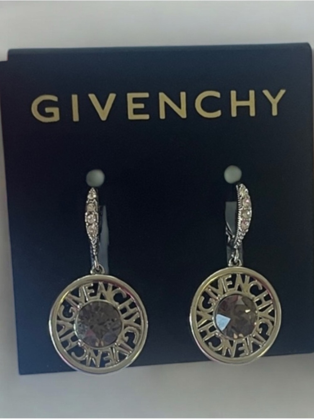 Givenchy Silver-Tone Logo Disc Drop Earrings, Leaver Back Ear Wire, NWT